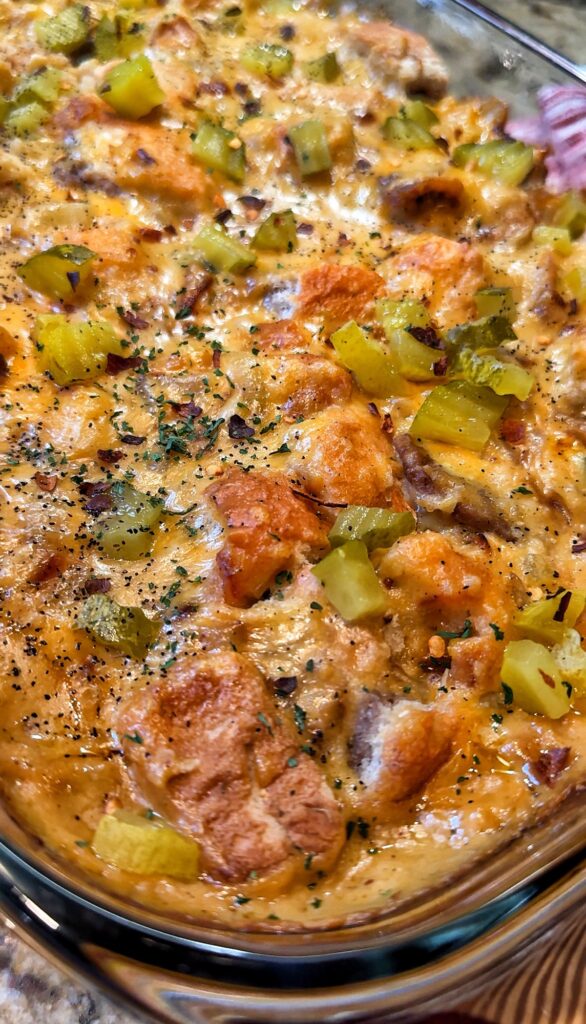 A close up of the finished Cheeseburger Slider Casserole
