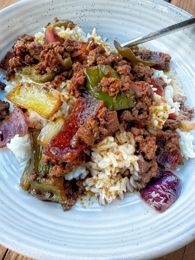 Beef and pepper skillet over rice