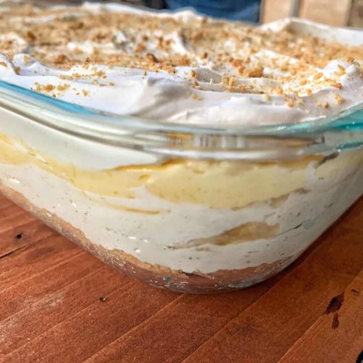 Banana Pudding Layer Cake in a glass dish