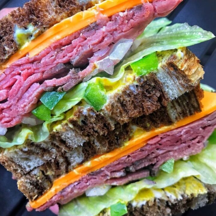 A close up of a roast beef sandwich