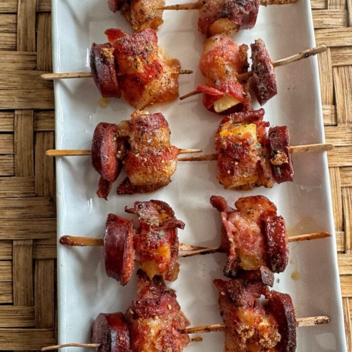 Bacon wrapped pineapple and kielbasa skewers