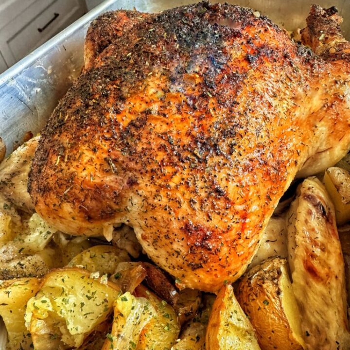 Summer roast chicken over potatoes