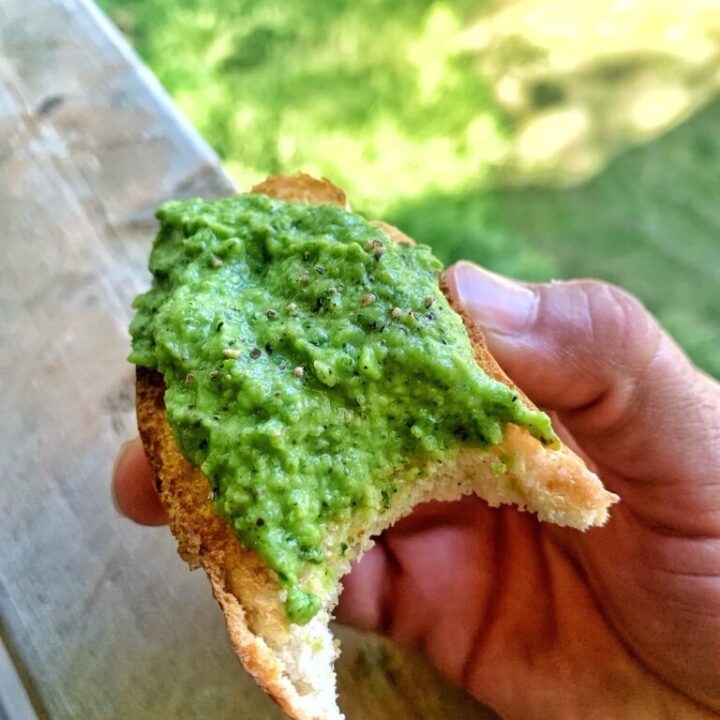 Pea Bruschetta with a bite out of it
