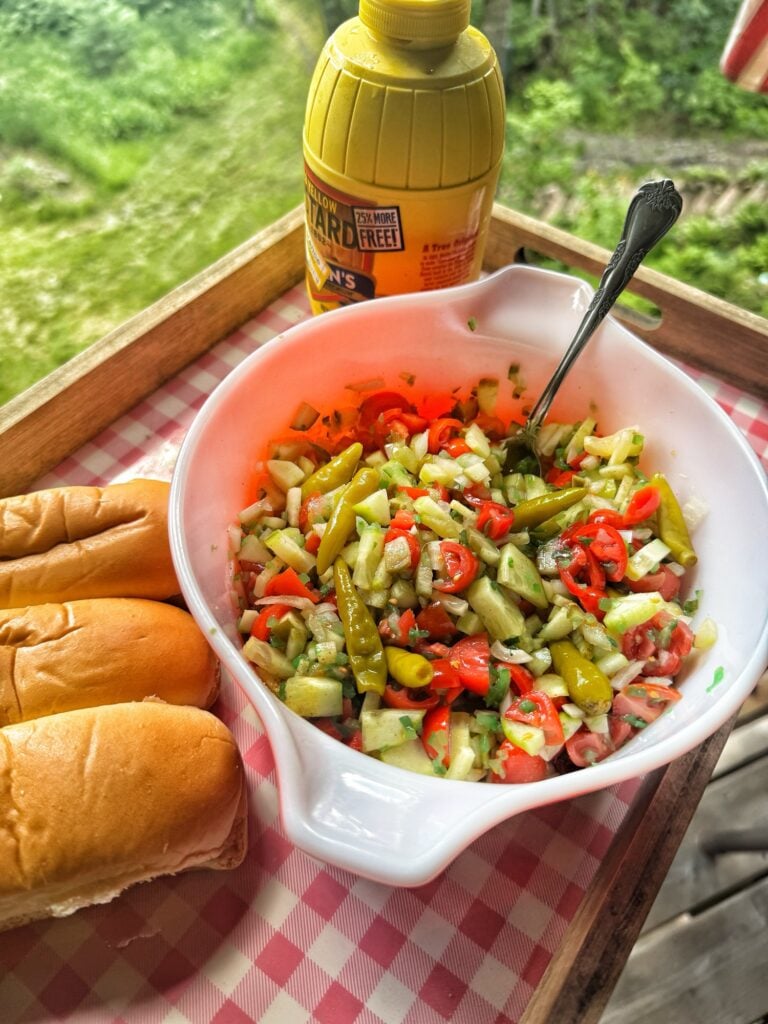 A bowl of Chicago hot dog topping