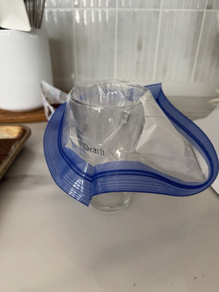 A Ziploc bag in a pint glass