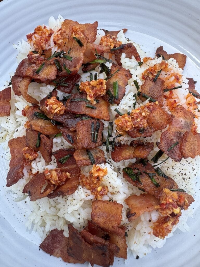 Bacon and fried chive rice with chili crisp