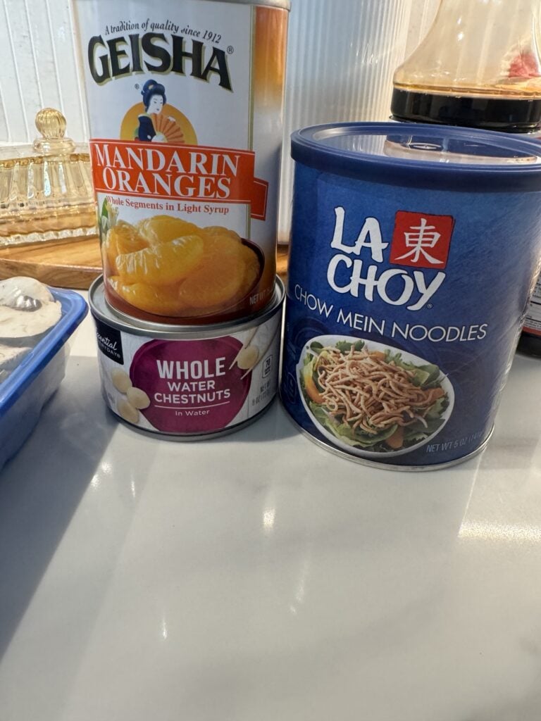Canned Mandarin oranges, water chestnuts, and chow mein crunchy noodles