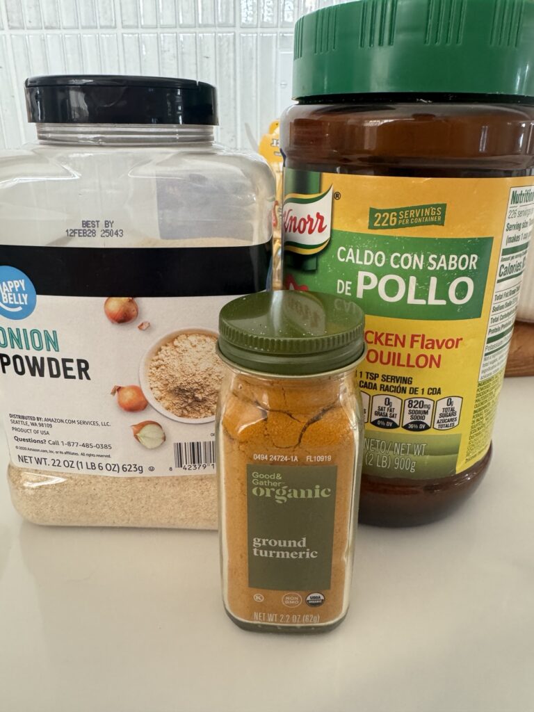 Onion powder, grand turmeric, and chicken flavor bouillon