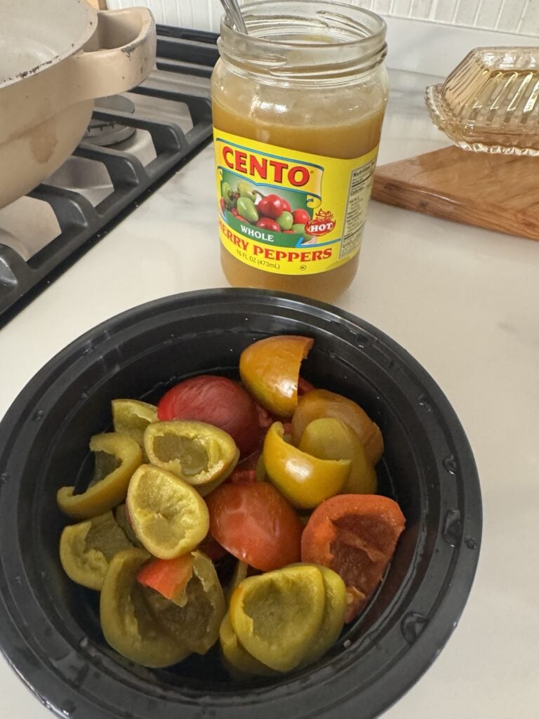 Sliced cherry peppers with the seeds removed