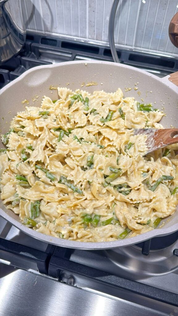 Creamy Asparagus Bowtie Pasta in the pan