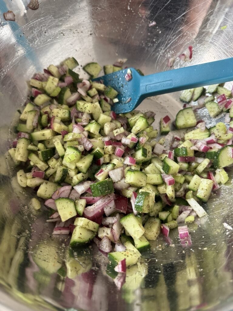 Diced cucumbers and onions