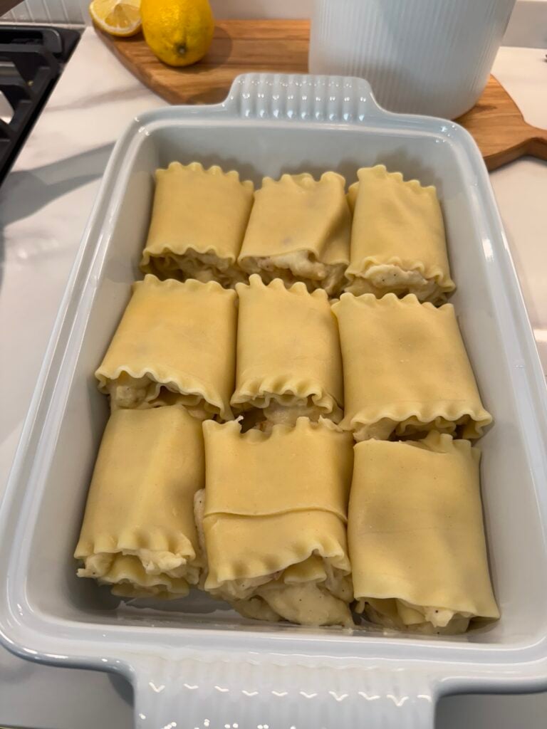 The pierogi lasagna rolls in the baking dish