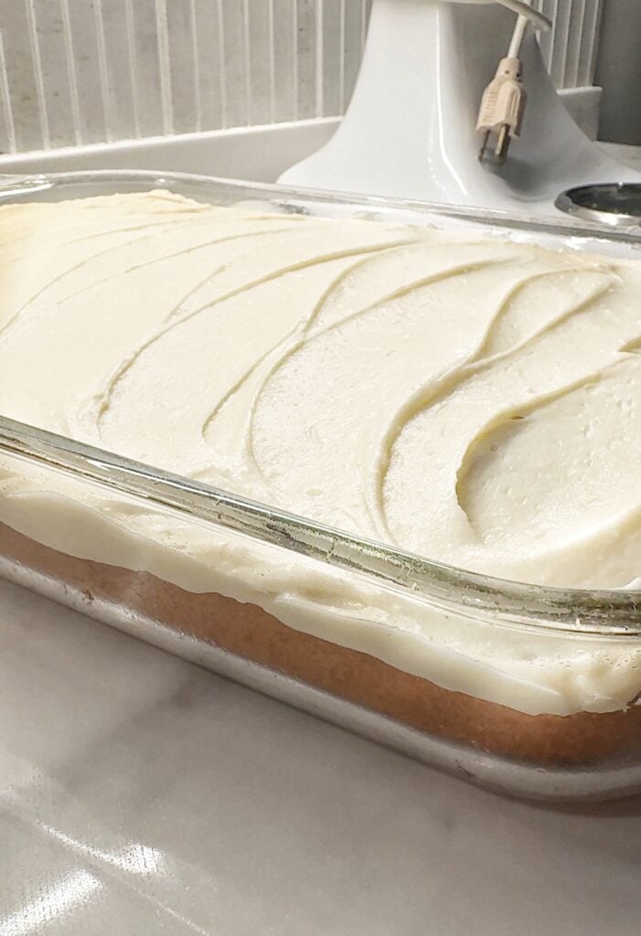 The finished cake before sprinkles are added