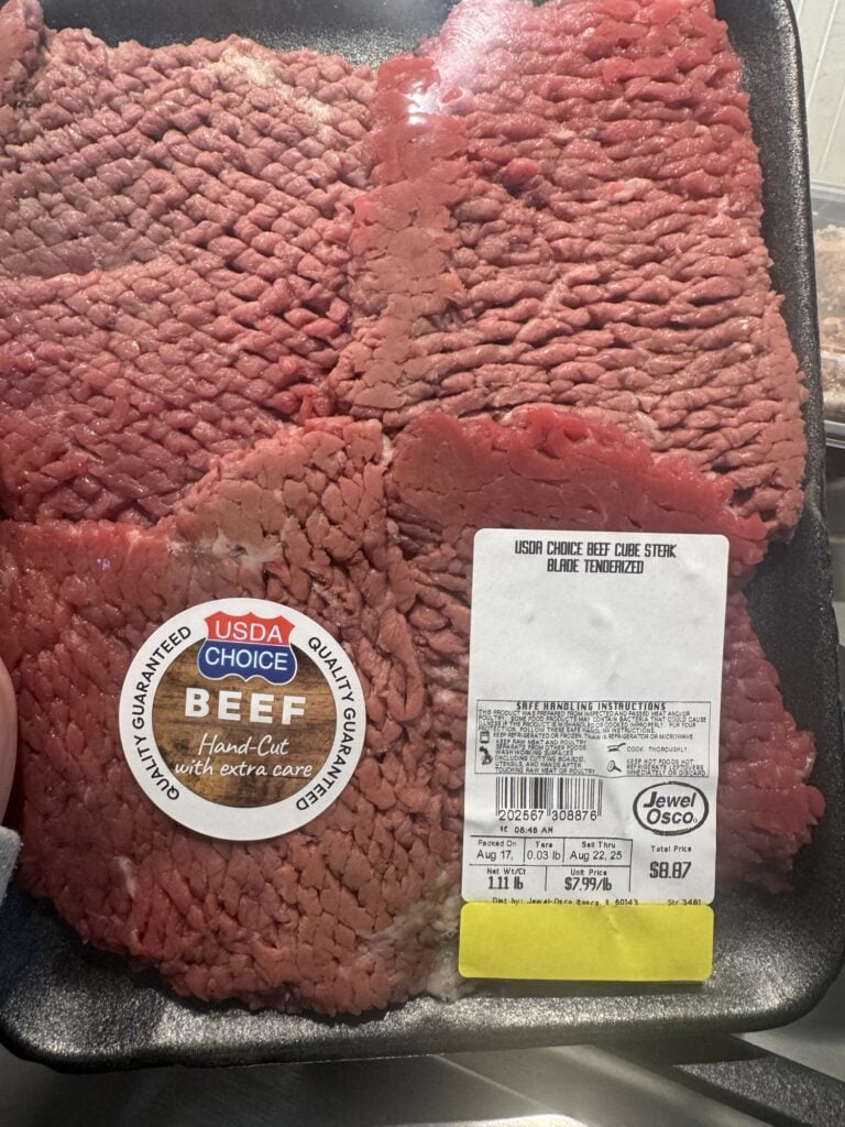 A package of beef cube steak
