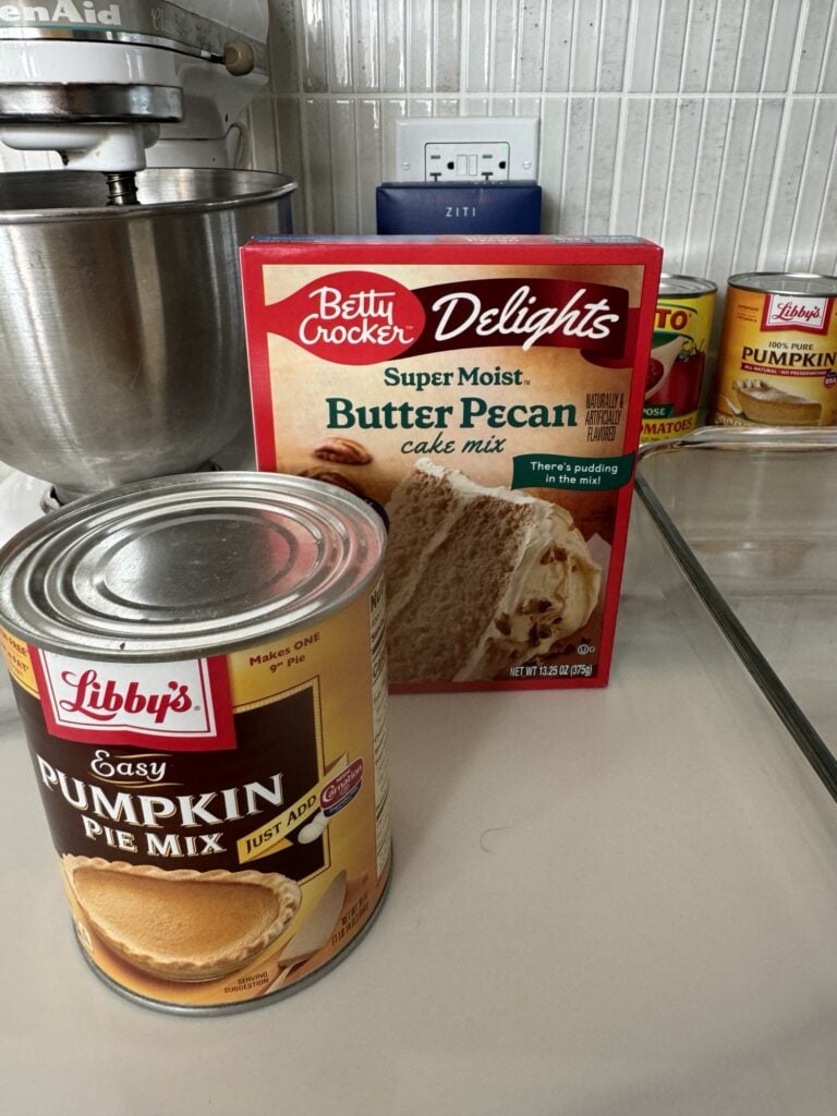Butter pecan cake mix and pumpkin pie mix in a can