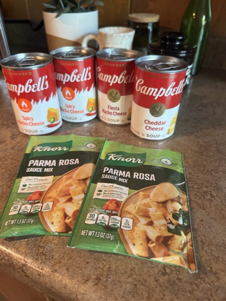 4 cans of cheese soup of a few different varieties and two packets of Parma Rosa sauce mix