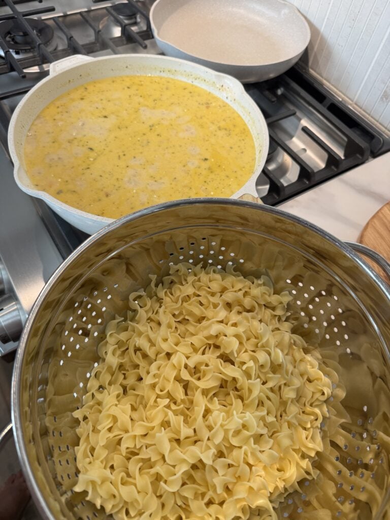 Egg noodles in a strainer