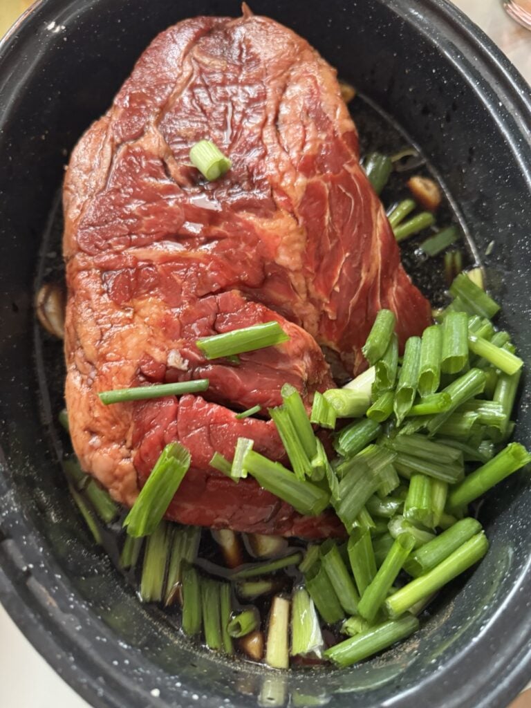 The marinated meat and green onions in the roaster before cooking