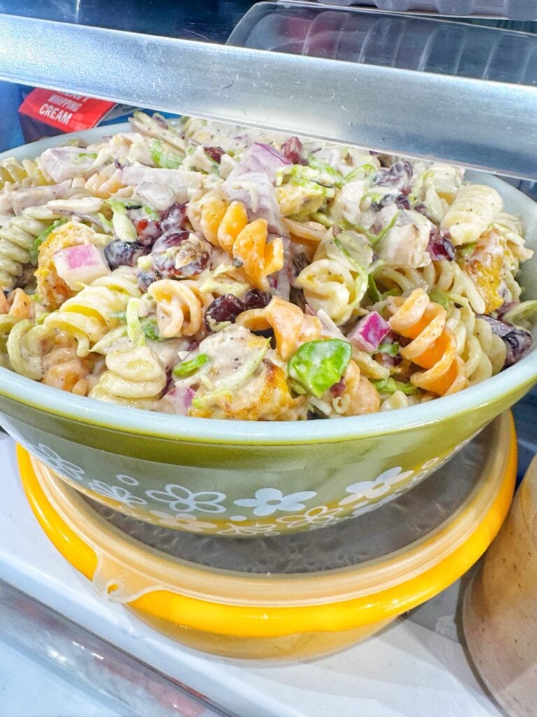 The finished pasta salad in the fridge