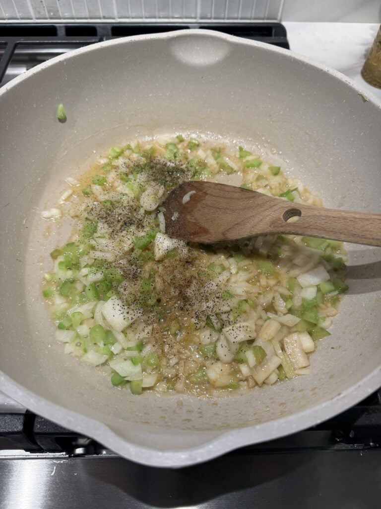 Diced veggies in the pan
