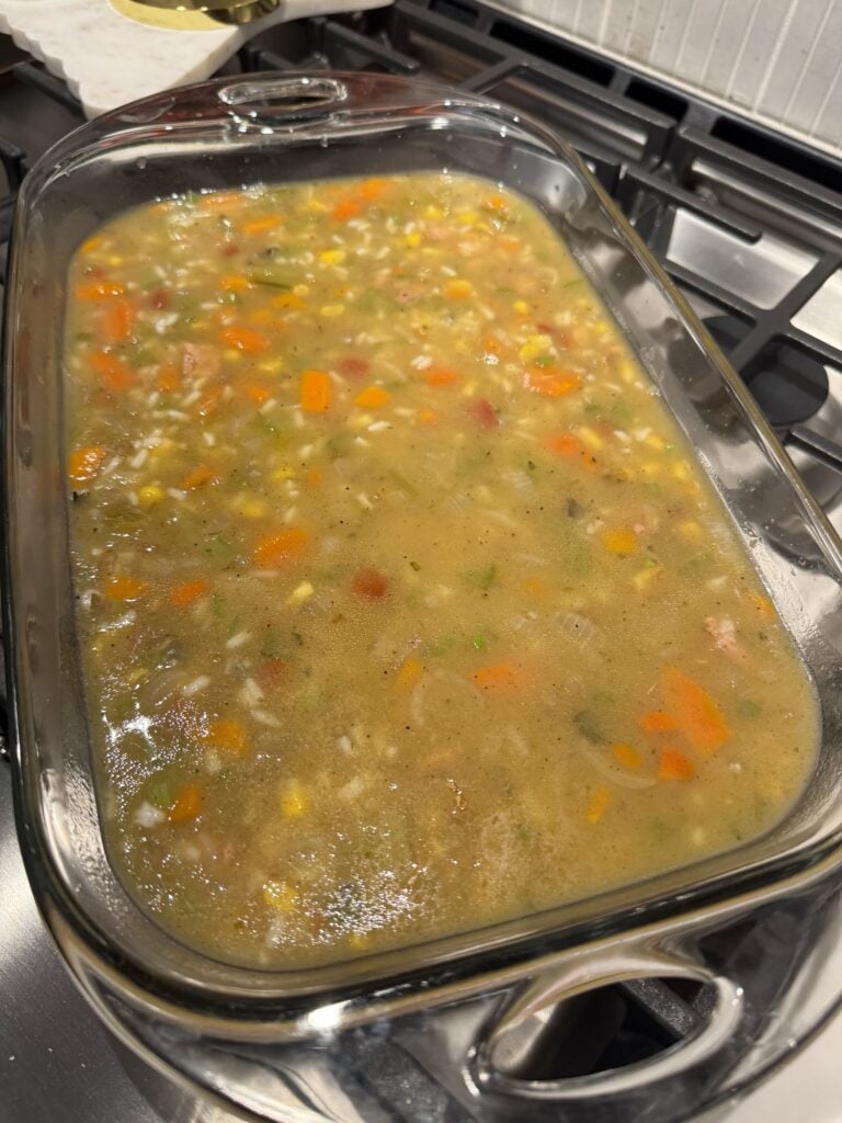 The mixture in a glass baking dish