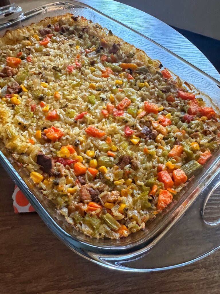 The finished baked rice in the baking dish