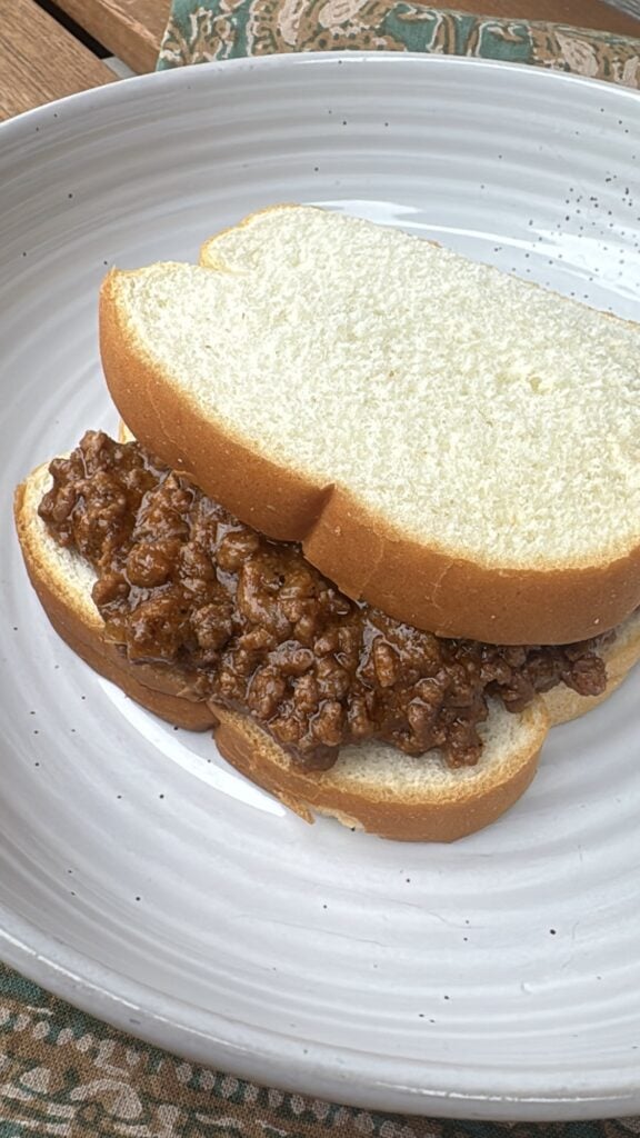 The finished sloppy joe on white bread