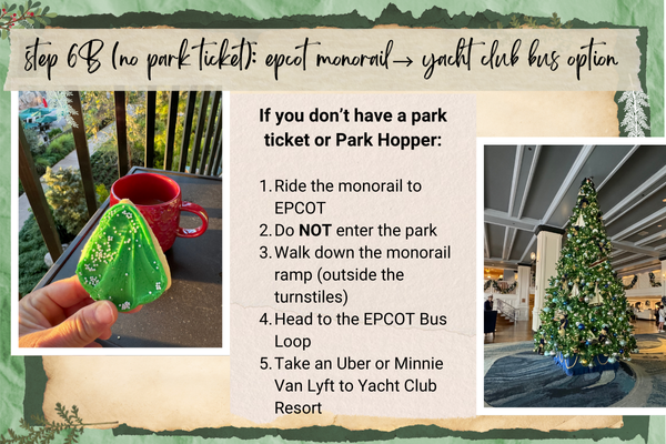 Step 6B (no park ticket): Epcot monorail? yacht club bus option
If you don’t have a park ticket or Park Hopper:
Ride the monorail to EPCOT
Do NOT enter the park
Walk down the monorail ramp (outside the turnstiles)
Head to the EPCOT Bus Loop
Take an Uber or Minnie Van Lyft to Yacht Club Resort