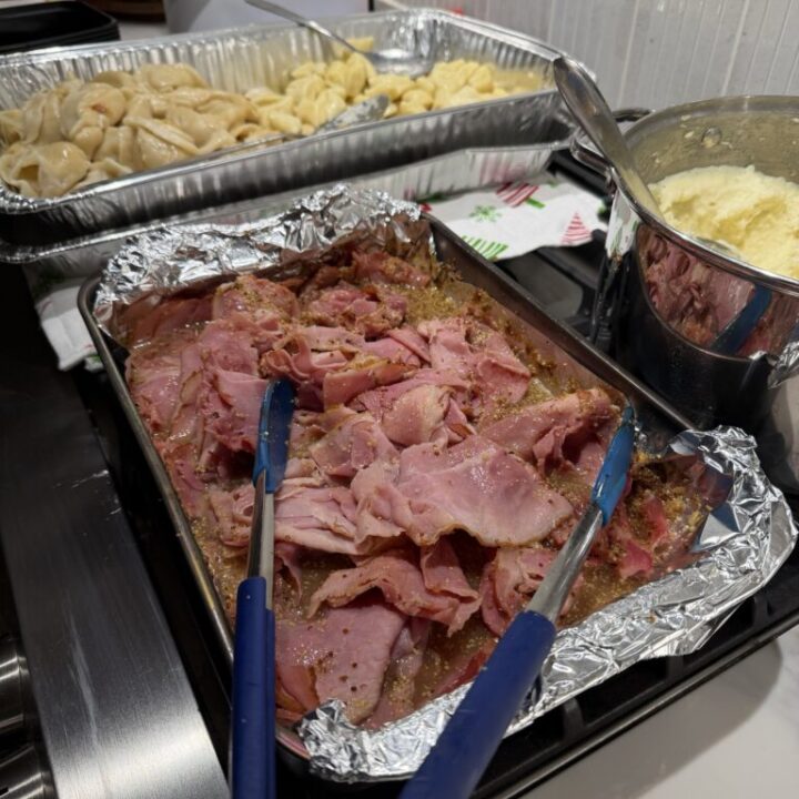 Shaved ham with coca-cola sauce