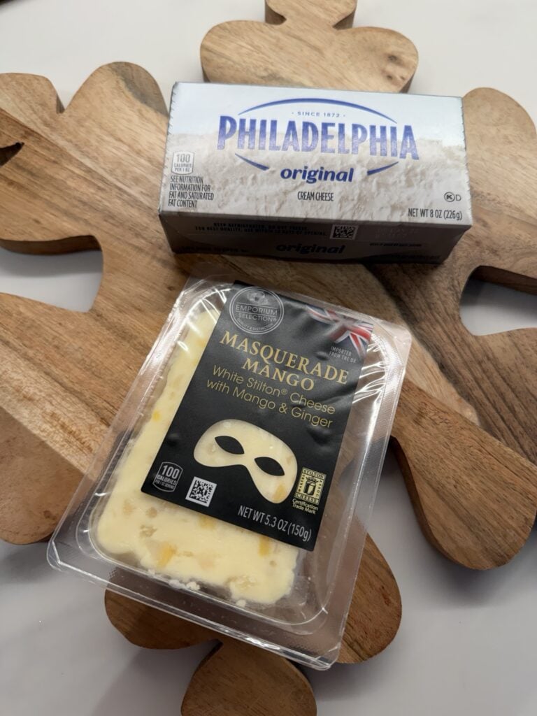 Cream cheese and Masquerade Mango Stilton cheese