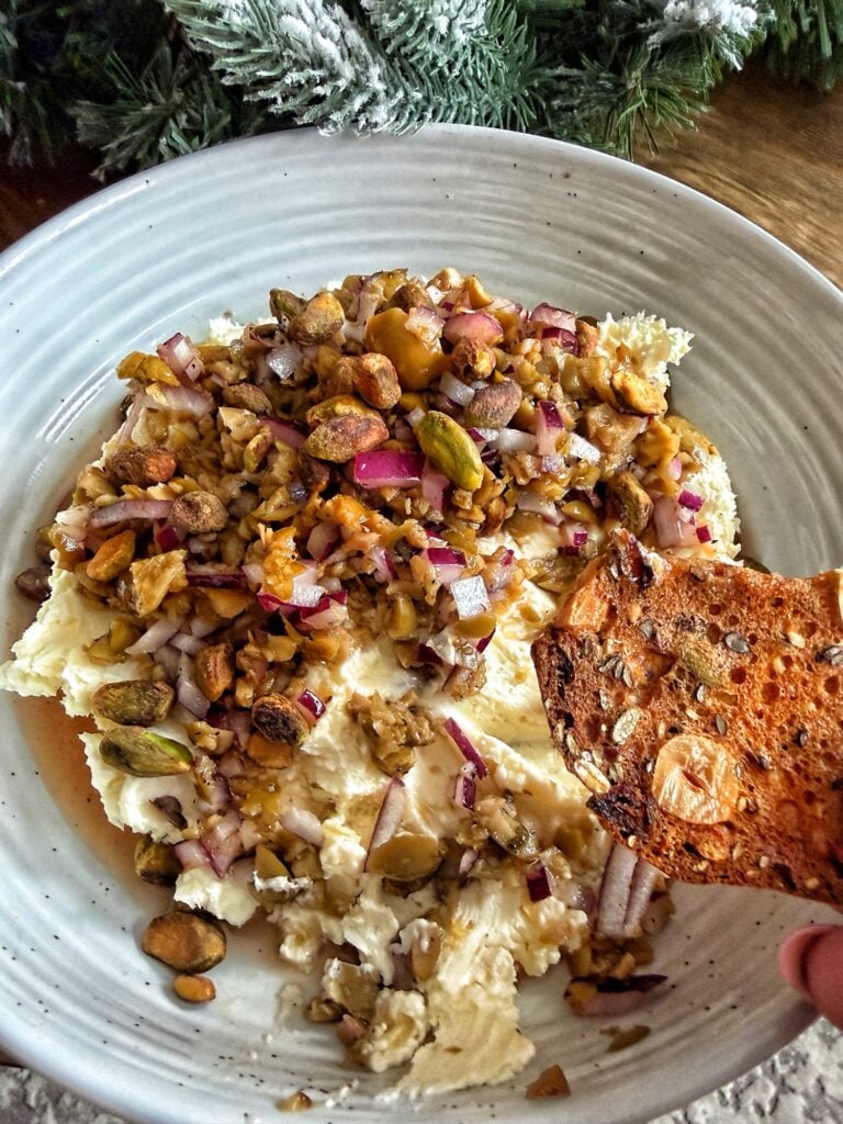 Whipped cream cheese and Stilton with honey olive topping