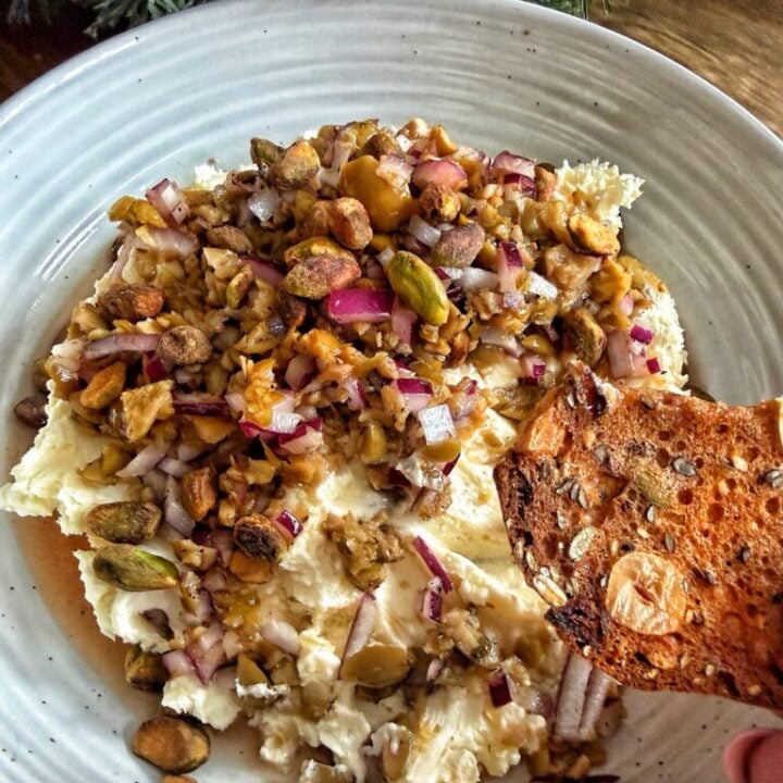 Whipped cream cheese and Stilton with honey olive topping