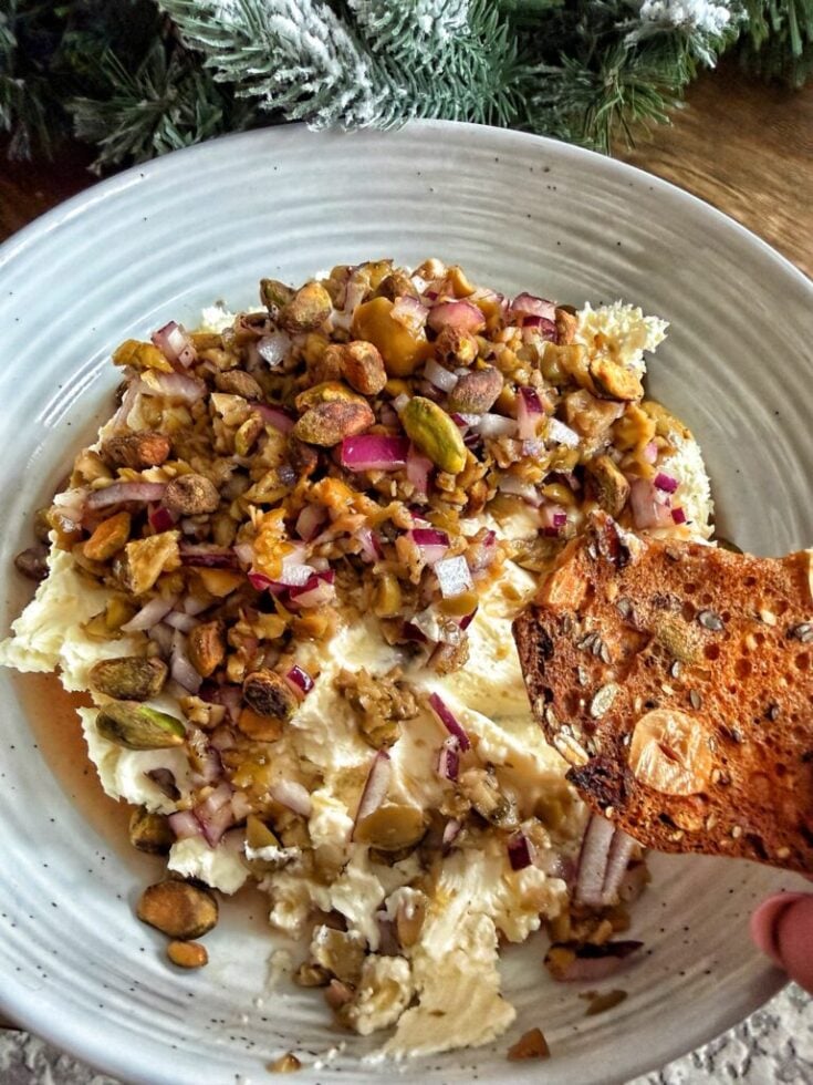 Whipped cream cheese and Stilton with honey olive topping