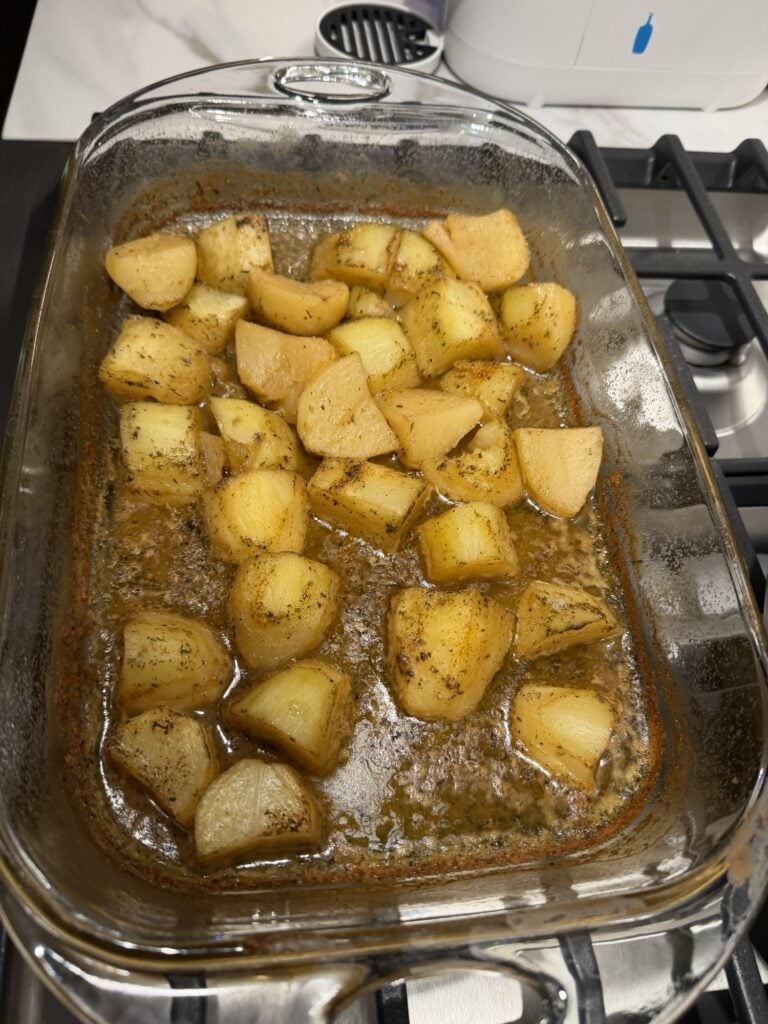The potatoes in a baking dish
