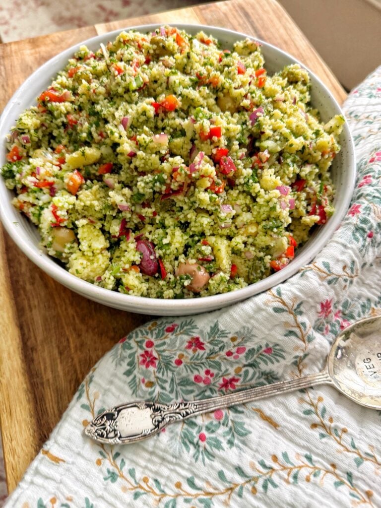 The finished couscous salad in a bowl