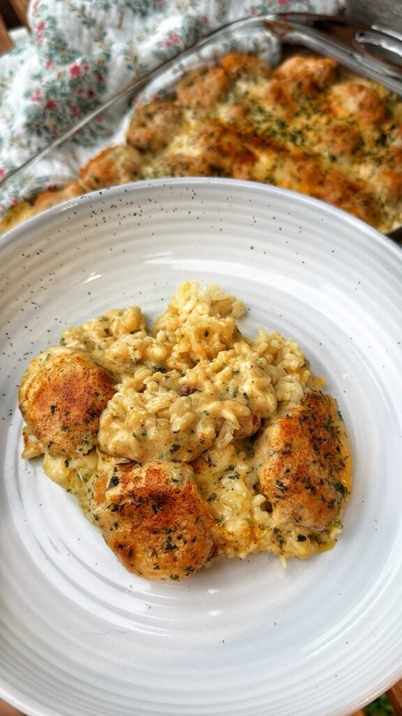 A serving of the casserole on a plate