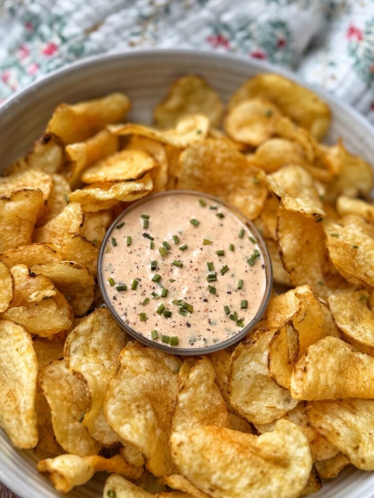 A close up of the finished dip surrounded by chips