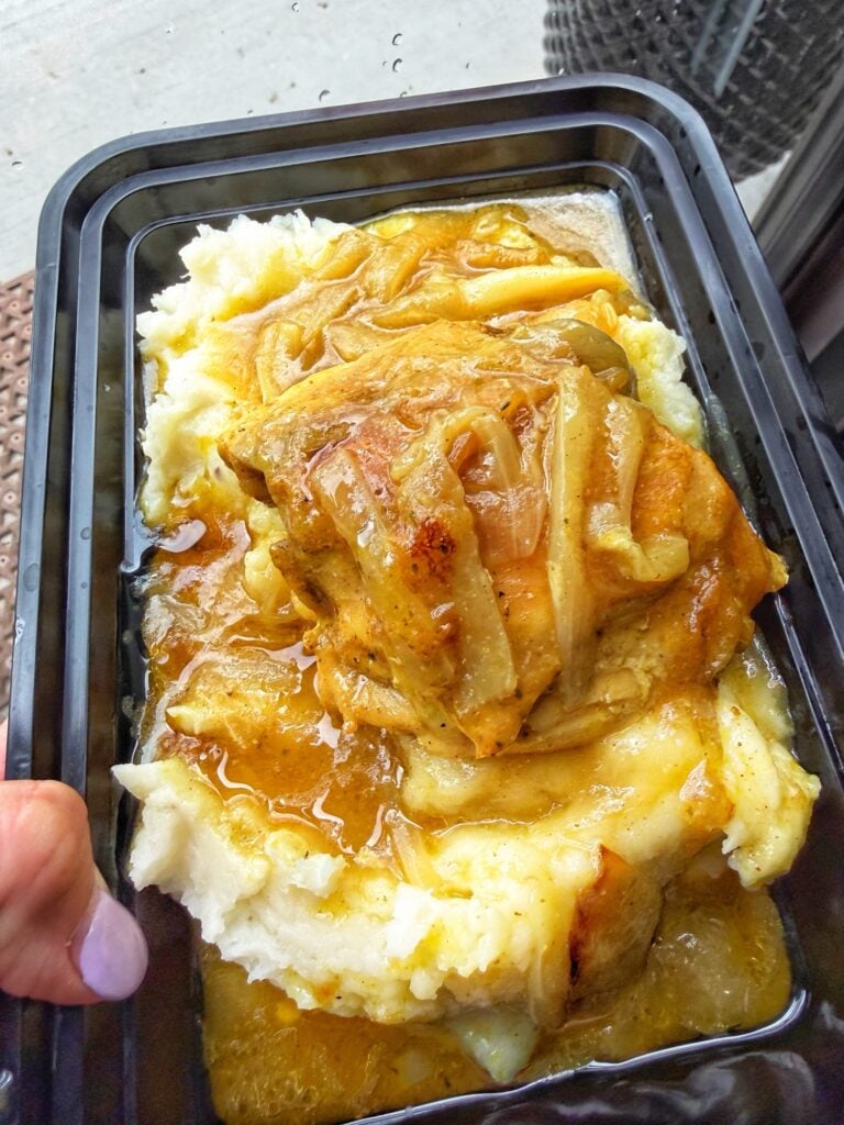 The chicken and gravy over mashed potatoes in a takeaway container.