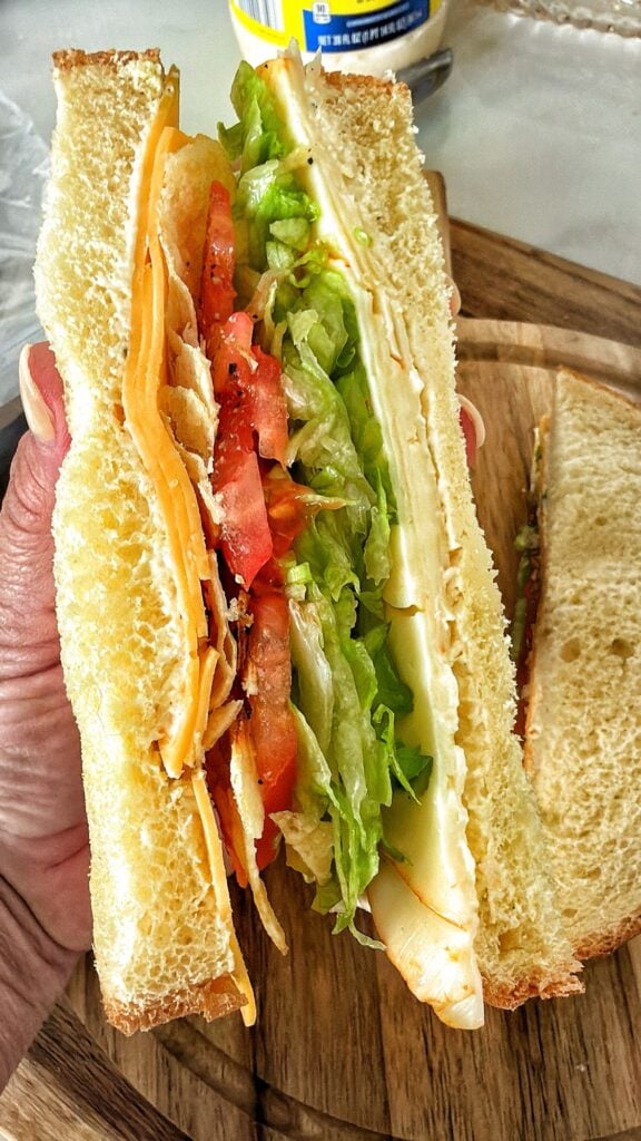 A close up of a sandwich half