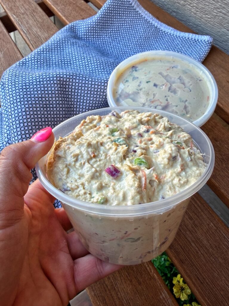 A container of the chicken salad