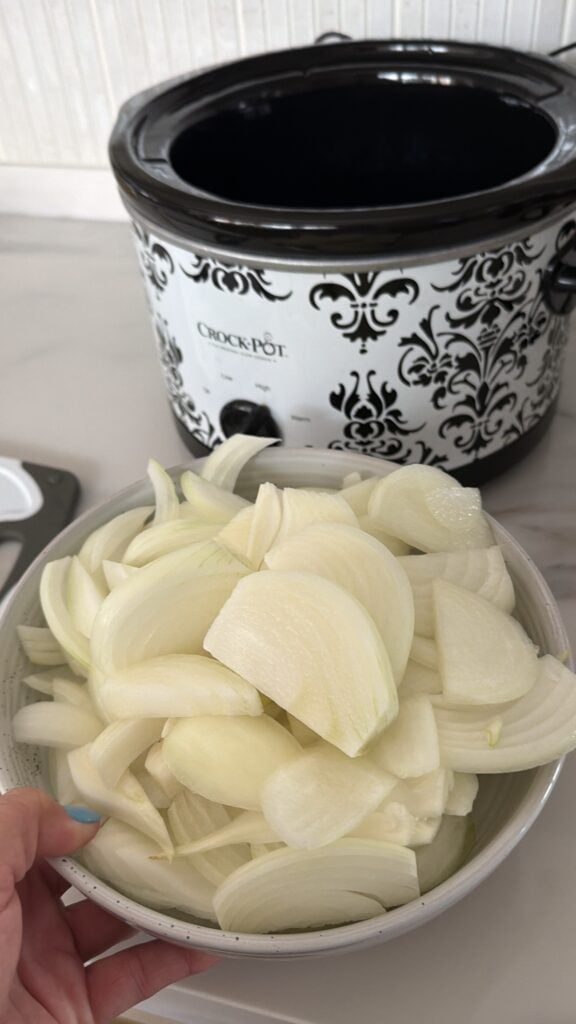 A bowl of sliced onions in front of the slow cooker