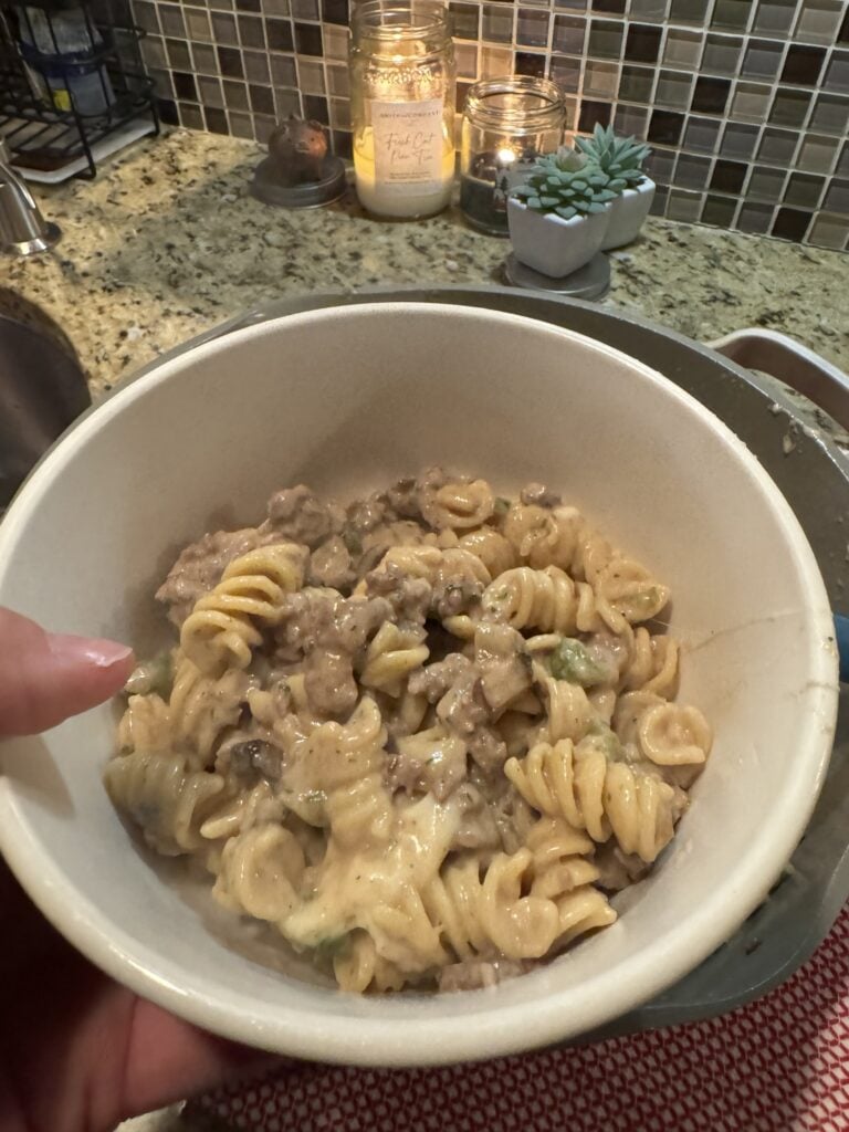 Easy Philly Cheesesteak Pasta in a bowl