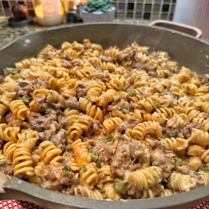 Philly Cheesesteak Pasta with ground beef, peppers, onions and melted mozzarella