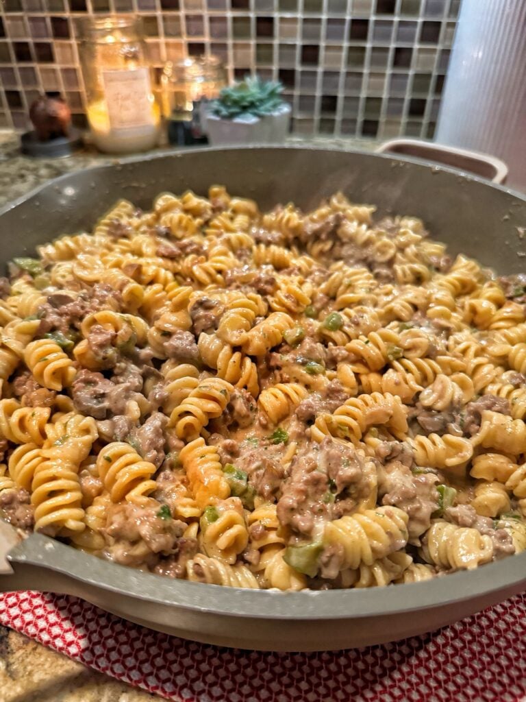 Philly Cheesesteak Pasta with ground beef, peppers, onions and melted mozzarella