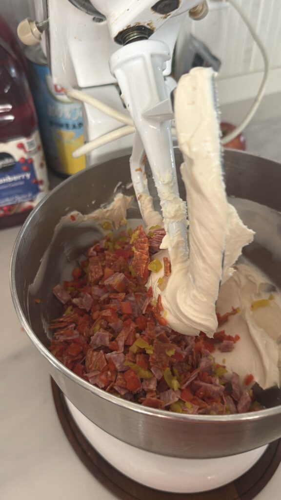 The dip ingredients about to be blended in a stand mixer