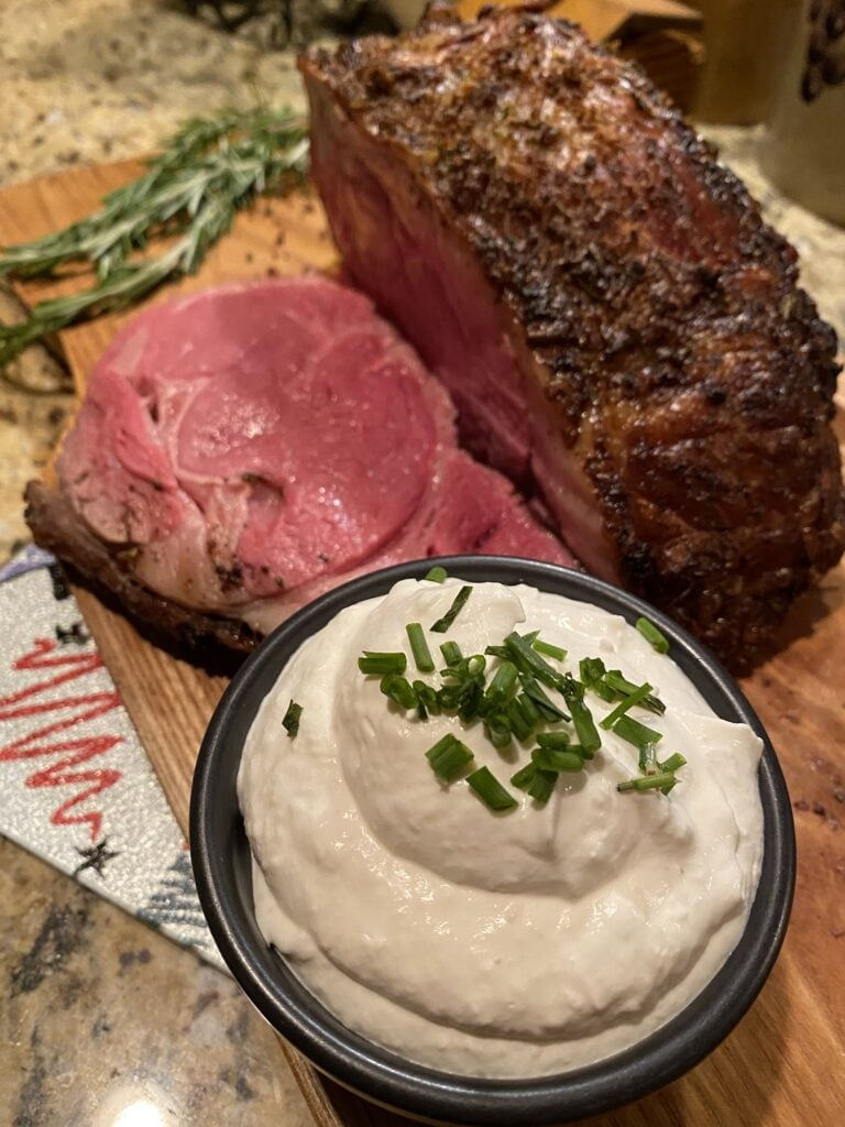 Slices of cooked rib roast ready to serve for a holiday dinner.
