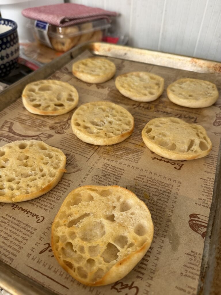 Toasted halved sourdough English muffins