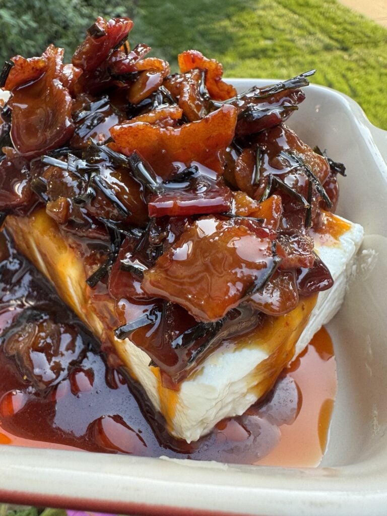 Sweet spicy and savory Chili Bacon Crunch Cream Cheese appetizer