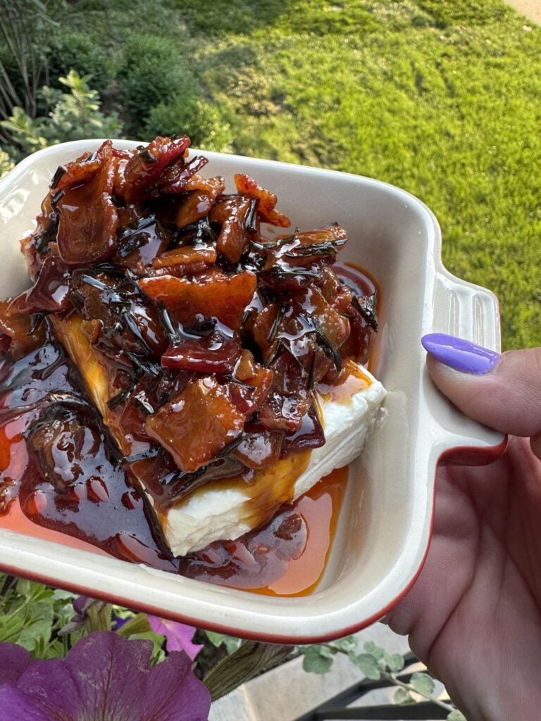 Cream cheese topped with spicy chili onion crunch