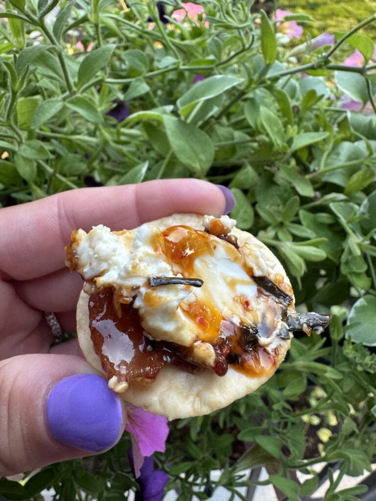 Cracker topped with cream cheese chili crunch and maple bacon